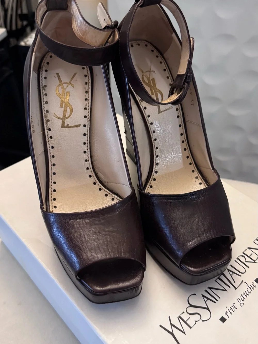 Yves Saint Laurent Dark Brown Leather Peep-Toe Wedge Sandals with Ankle Strap